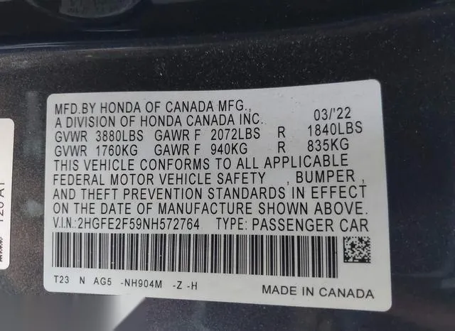 2HGFE2F59NH572764 2022 2022 Honda Civic- Sport 9