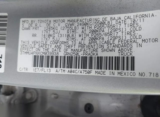 3TMMU4FNXCM039938 2012 2012 Toyota Tacoma- Base V6 9