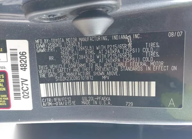 5TDZK23C08S101812 2008 2008 Toyota Sienna- LE 9