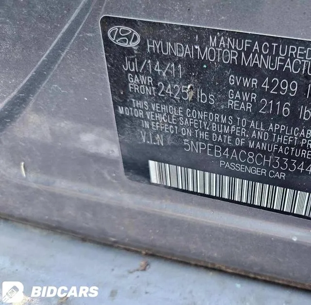 5NPEB4AC8CH333442 2012 2012 Hyundai Sonata- Gls 9