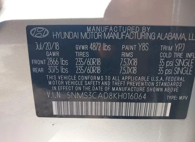 5NMS3CAD8KH016064 2019 2019 Hyundai Santa Fe- Sel Plus 9