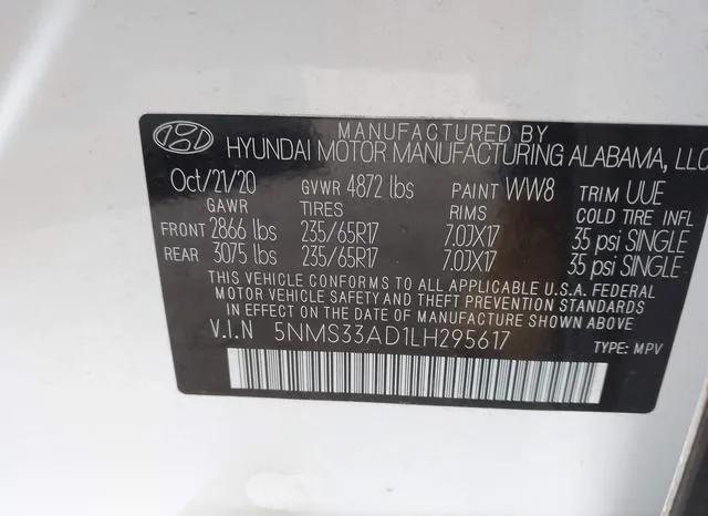 5NMS33AD1LH295617 2020 2020 Hyundai Santa Fe- Sel 9