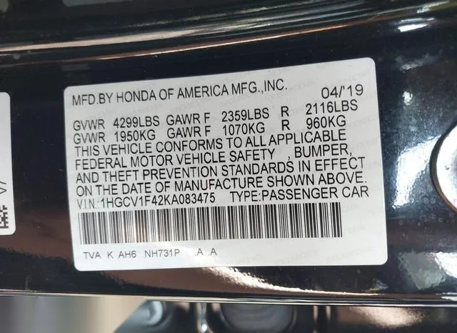 1HGCV1F42KA083475 2019 2019 Honda Accord- EX 9