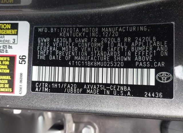 4T1C11BK8MU025320 2021 2021 Toyota Camry- Le Awd 9