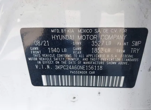 3KPC24A60NE156118 2022 2022 Hyundai Accent- SE 9