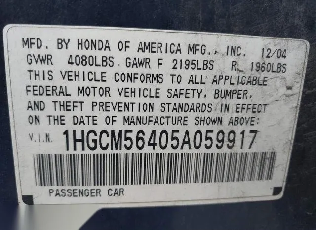 1HGCM56405A059917 2005 2005 Honda Accord- 2-4 LX 9