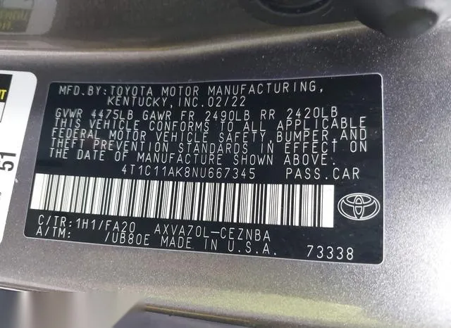 4T1C11AK8NU667345 2022 2022 Toyota Camry- LE 9