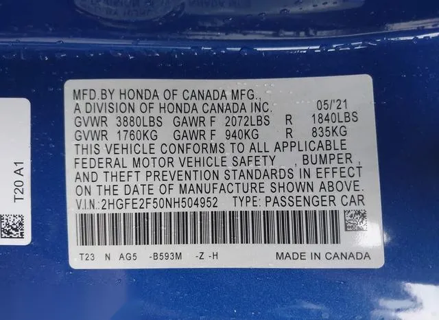 2HGFE2F50NH504952 2022 2022 Honda Civic- Sport 9