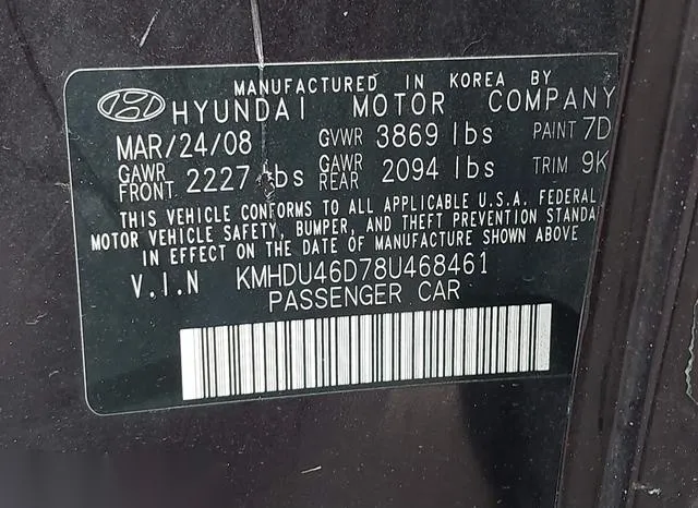 KMHDU46D78U468461 2008 2008 Hyundai Elantra- Gls/Se 9