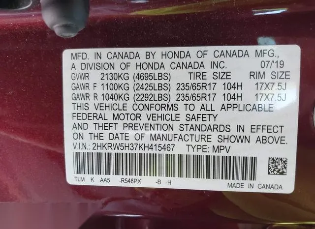 2HKRW5H37KH415467 2019 2019 Honda CR-V- LX 9