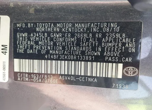 4T4BF3EK0BR133891 2011 2011 Toyota Camry- LE 9