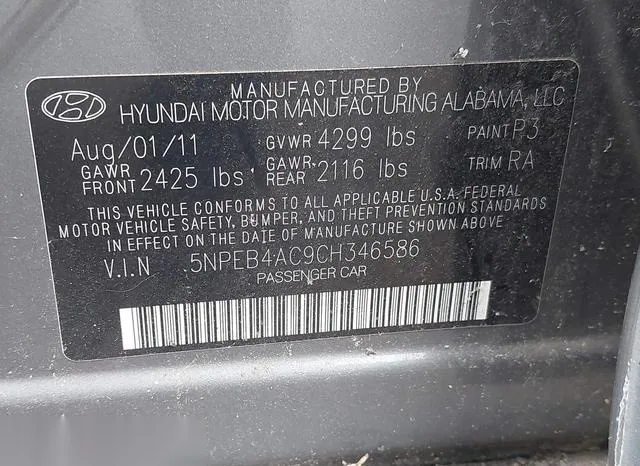 5NPEB4AC9CH346586 2012 2012 Hyundai Sonata- Gls 9