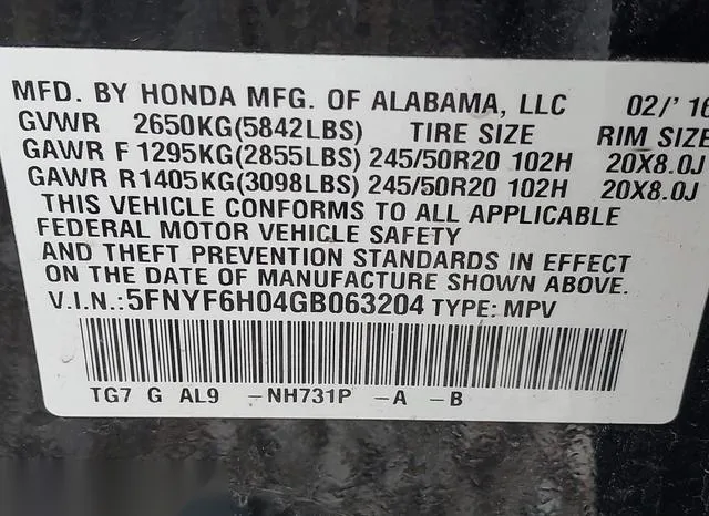 5FNYF6H04GB063204 2016 2016 Honda Pilot- Elite 9