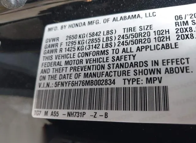 5FNYF6H76MB002834 2021 2021 Honda Pilot- Awd Black Edition 9