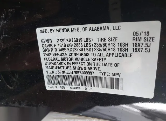 5FNRL6H70KB009997 2019 2019 Honda Odyssey- Ex-L 9