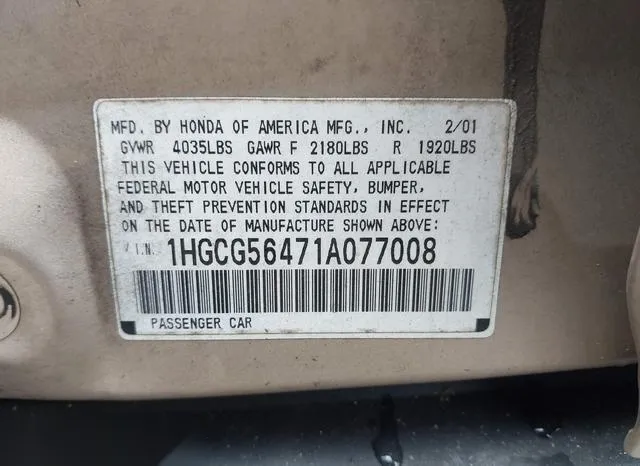 1HGCG56471A077008 2001 2001 Honda Accord- 2-3 LX 9