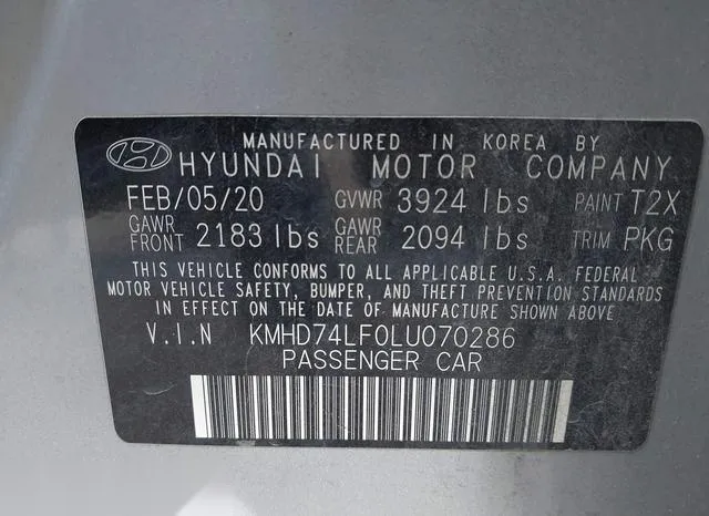 KMHD74LF0LU070286 2020 2020 Hyundai Elantra- SE 9