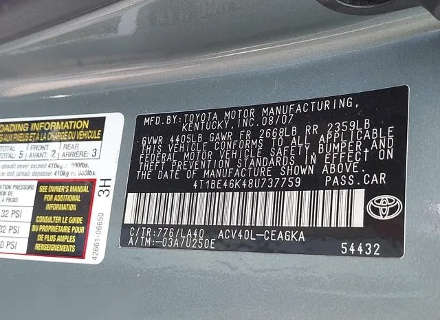 4T1BE46K48U737759 2008 2008 Toyota Camry- Xle 9