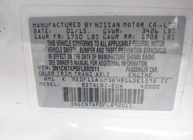 3N1CN7AP0FL892011 2015 2015 Nissan Versa- 1-6 SV 9