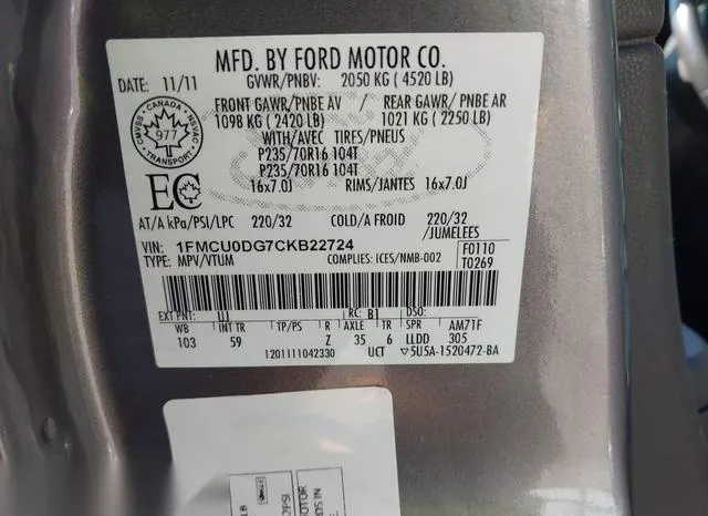 1FMCU0DG7CKB22724 2012 2012 Ford Escape- Xlt 9