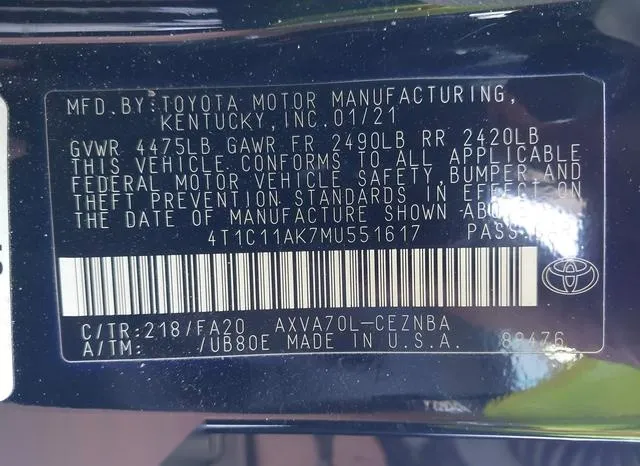 4T1C11AK7MU551617 2021 2021 Toyota Camry- LE 9