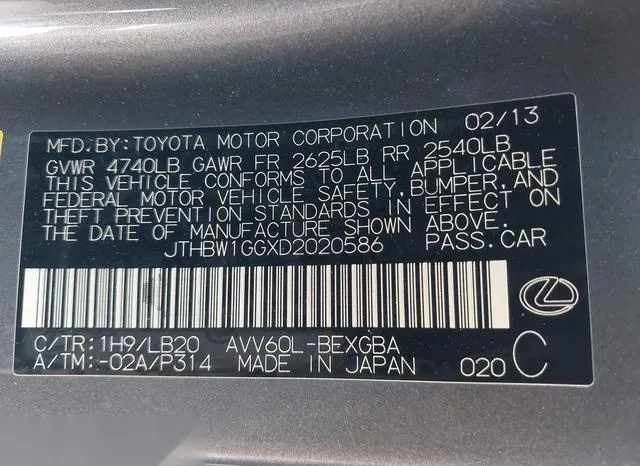 JTHBW1GGXD2020586 2013 2013 Lexus ES- 300H 9