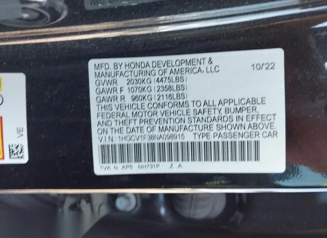 1HGCV1F38NA098915 2022 2022 Honda Accord- Sport 9