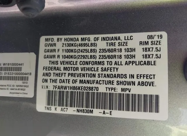 7FARW1H86KE028870 2019 2019 Honda CR-V- Ex-L 9