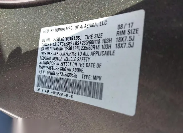 5FNRL6H73JB030485 2018 2018 Honda Odyssey- Ex-L 9