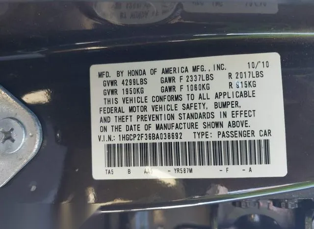 1HGCP2F36BA038692 2011 2011 Honda Accord- 2-4 LX 9