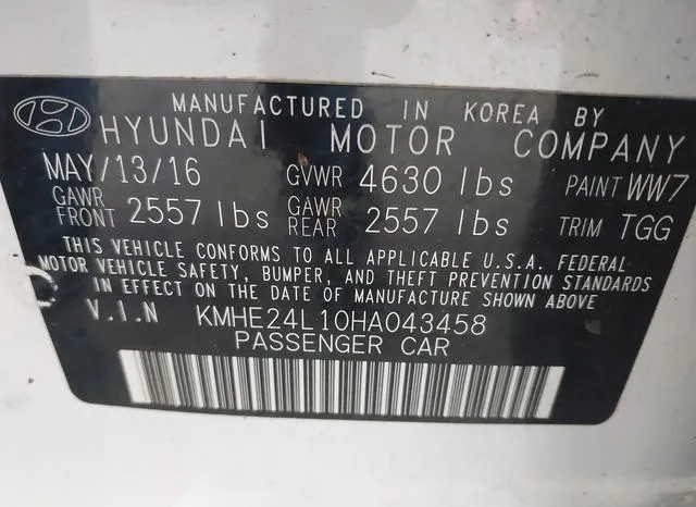 KMHE24L10HA043458 2017 2017 Hyundai Sonata- Hybrid SE 9