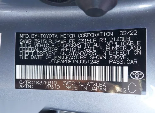 JTDEAMDE1NJ051248 2022 2022 Toyota Corolla- Hybrid Le 9