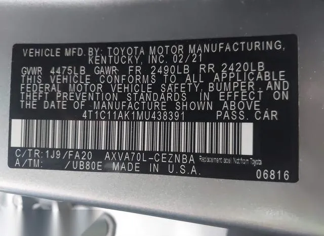 4T1C11AK1MU438391 2021 2021 Toyota Camry- LE 9