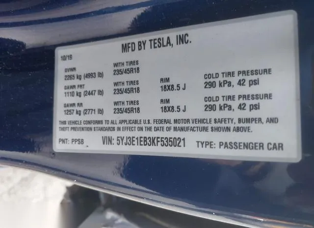 5YJ3E1EB3KF535021 2019 2019 Tesla Model 3- Long Range/Perfo 9