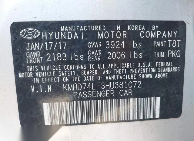 KMHD74LF3HU381072 2017 2017 Hyundai Elantra- SE 9