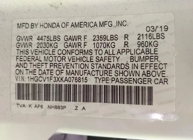 1HGCV1F3XKA076815 2019 2019 Honda Accord- Sport 9