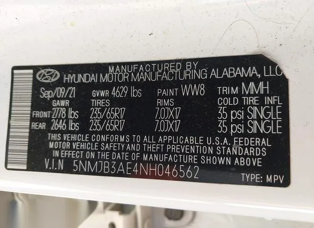 5NMJB3AE4NH046562 2022 2022 Hyundai Tucson- Sel 9