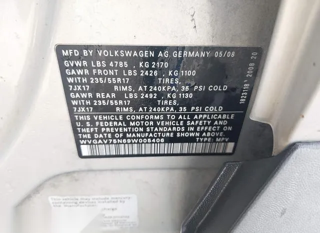 WVGAV75N69W005406 2009 2009 Volkswagen Tiguan- S/Se/Sel 9