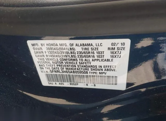 5FNRL3H65AB059508 2010 2010 Honda Odyssey- Ex-L 9