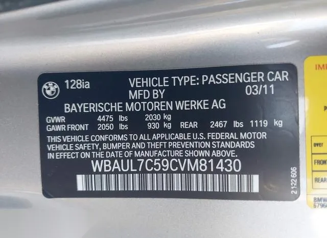 WBAUL7C59CVM81430 2012 2012 BMW 1 Series- 128I 9