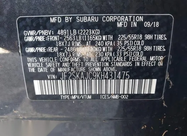 JF2SKAJC9KH431475 2019 2019 Subaru Forester- Sport 9