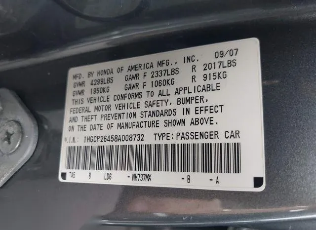 1HGCP26458A008732 2008 2008 Honda Accord- 2-4 Lx-P 9