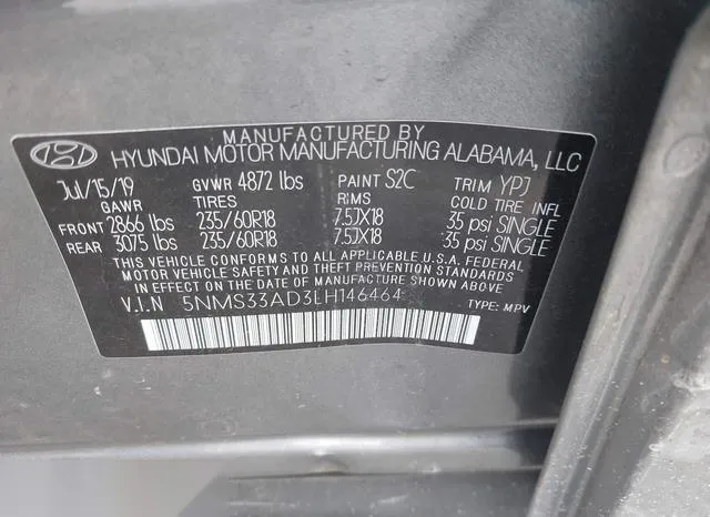 5NMS33AD3LH146464 2020 2020 Hyundai Santa Fe- Sel 9