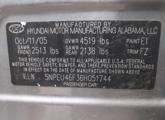 5NPEU46F36H051744 2006 2006 Hyundai Sonata- Gls V6/Lx V6 9