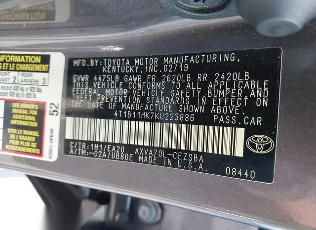 4T1B11HK7KU223886 2019 2019 Toyota Camry- SE 9