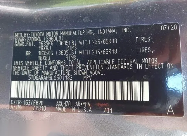 5TDGARAH9LS501183 2020 2020 Toyota Highlander- Hybrid Xle 9