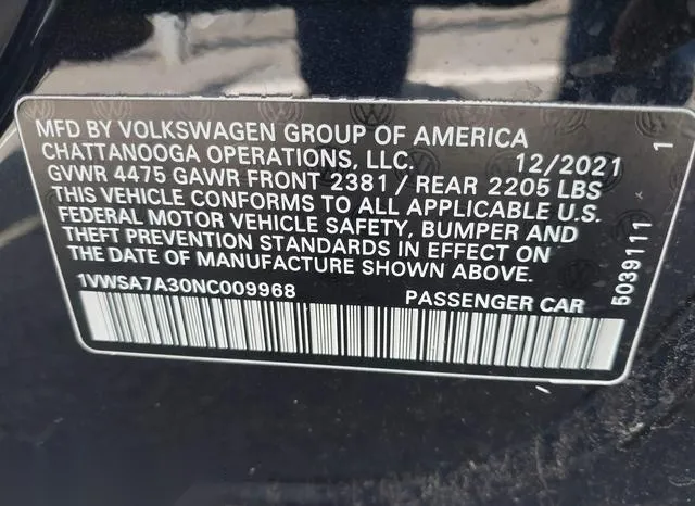 1VWSA7A30NC009968 2022 2022 Volkswagen Passat- 2-0T Se 9