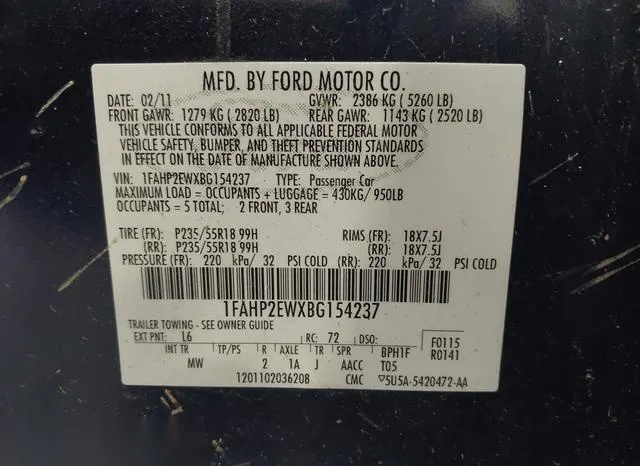 1FAHP2EWXBG154237 2011 2011 Ford Taurus- Sel 9