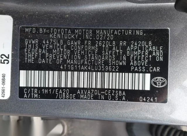 4T1G11AK4LU359622 2020 2020 Toyota Camry- SE 9