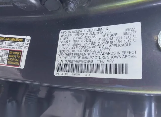 7FARW1H80NE022938 2022 2022 Honda CR-V- 2Wd Ex-L 9